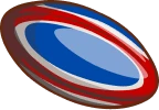 Ilustração simples de uma bola de rugby com sombreamento branco e cinza colocada sobre um fundo quadrado arredondado vermelho brilhante. Adequada para designs de sites de esportes, rugby, torneios e atletismo.